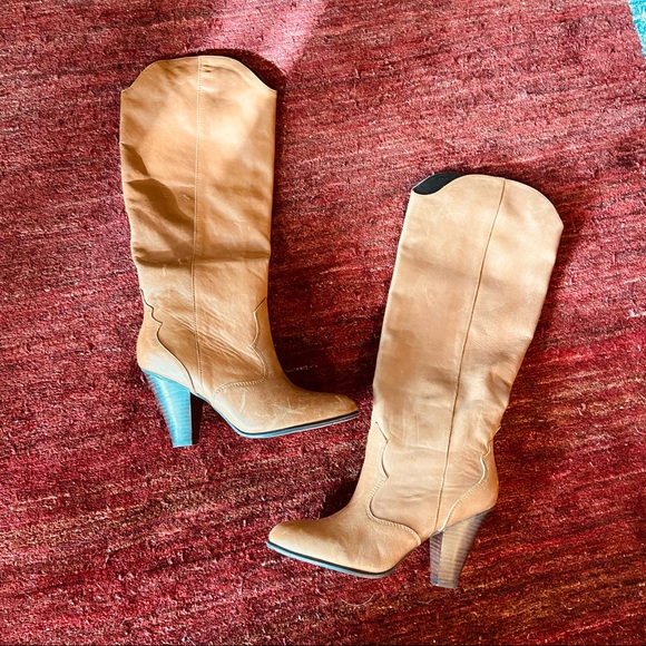 Real Leather Tan DOLCE VITA Knee High Heeled Cowboy Boots 8.5 - Picture 2 of 6